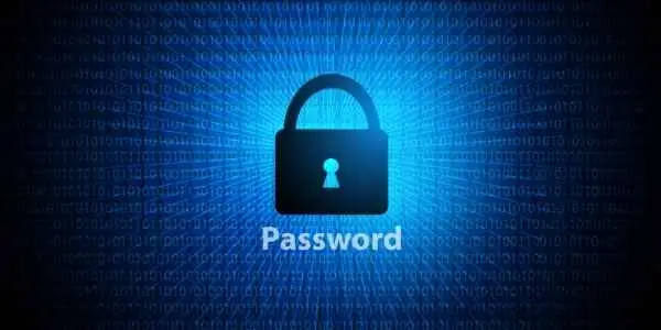 A blue background featuring a lock icon alongside the word "password" in bold text.