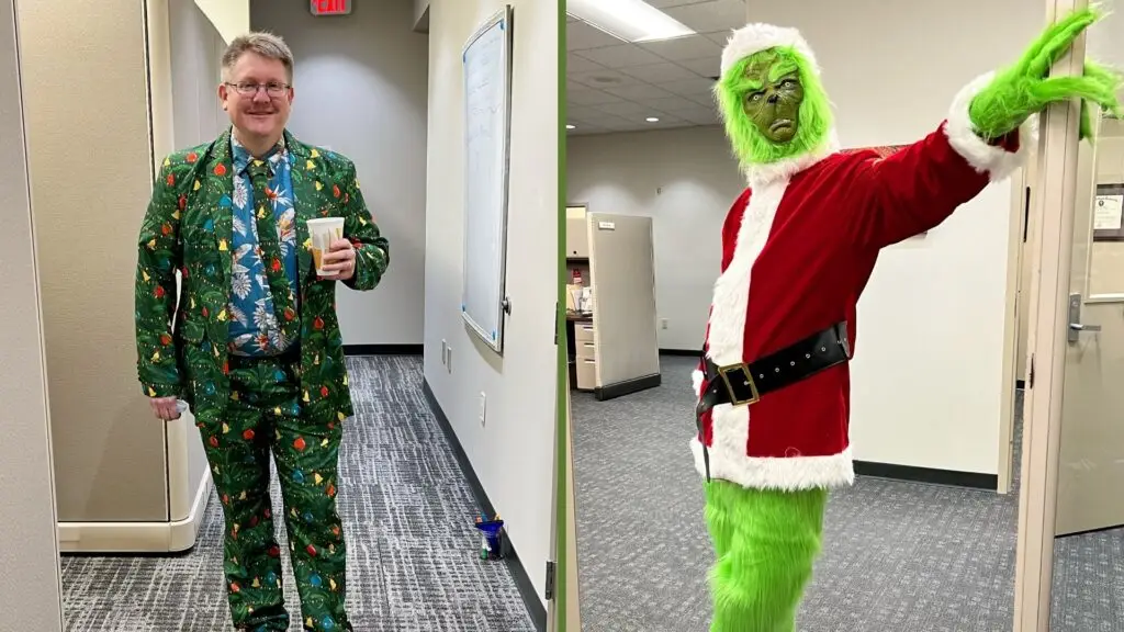 Team members showcasing their ugly holiday sweaters