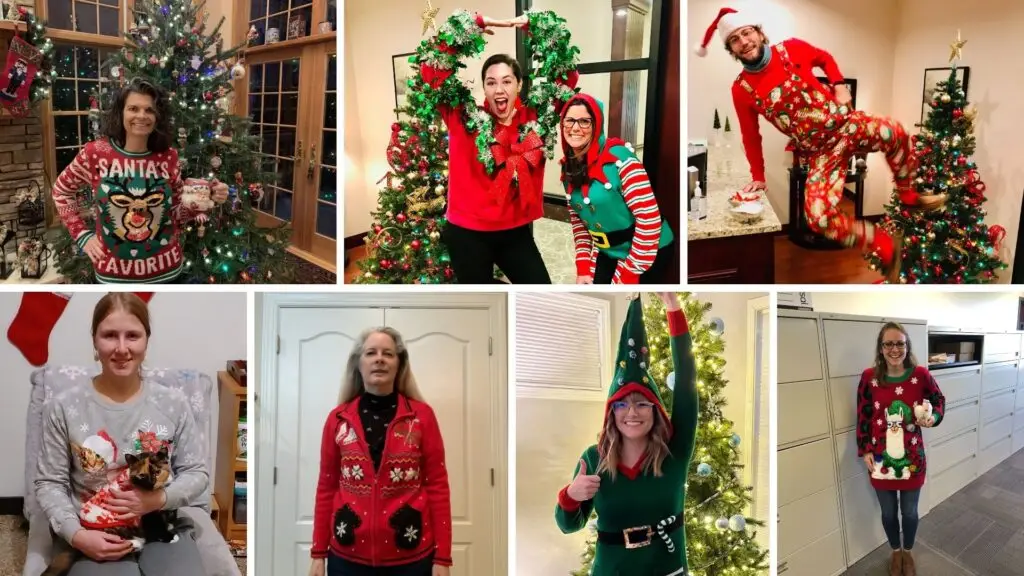 Team members showcasing their ugly holiday sweaters