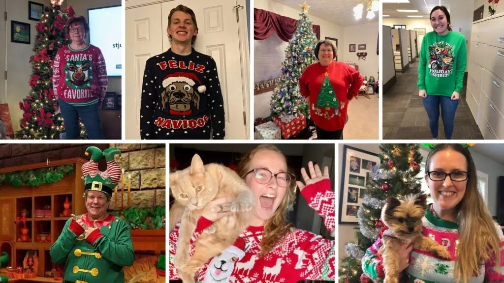Team members showcasing their ugly holiday sweaters