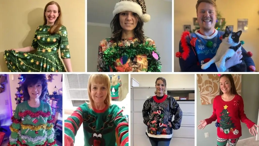 Team members showcasing their ugly holiday sweaters
